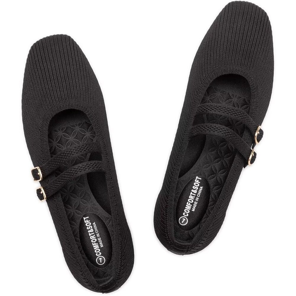 Frank Mully Women's Black Fabric Square Toe Mary Jane Ballet Flats with Strap